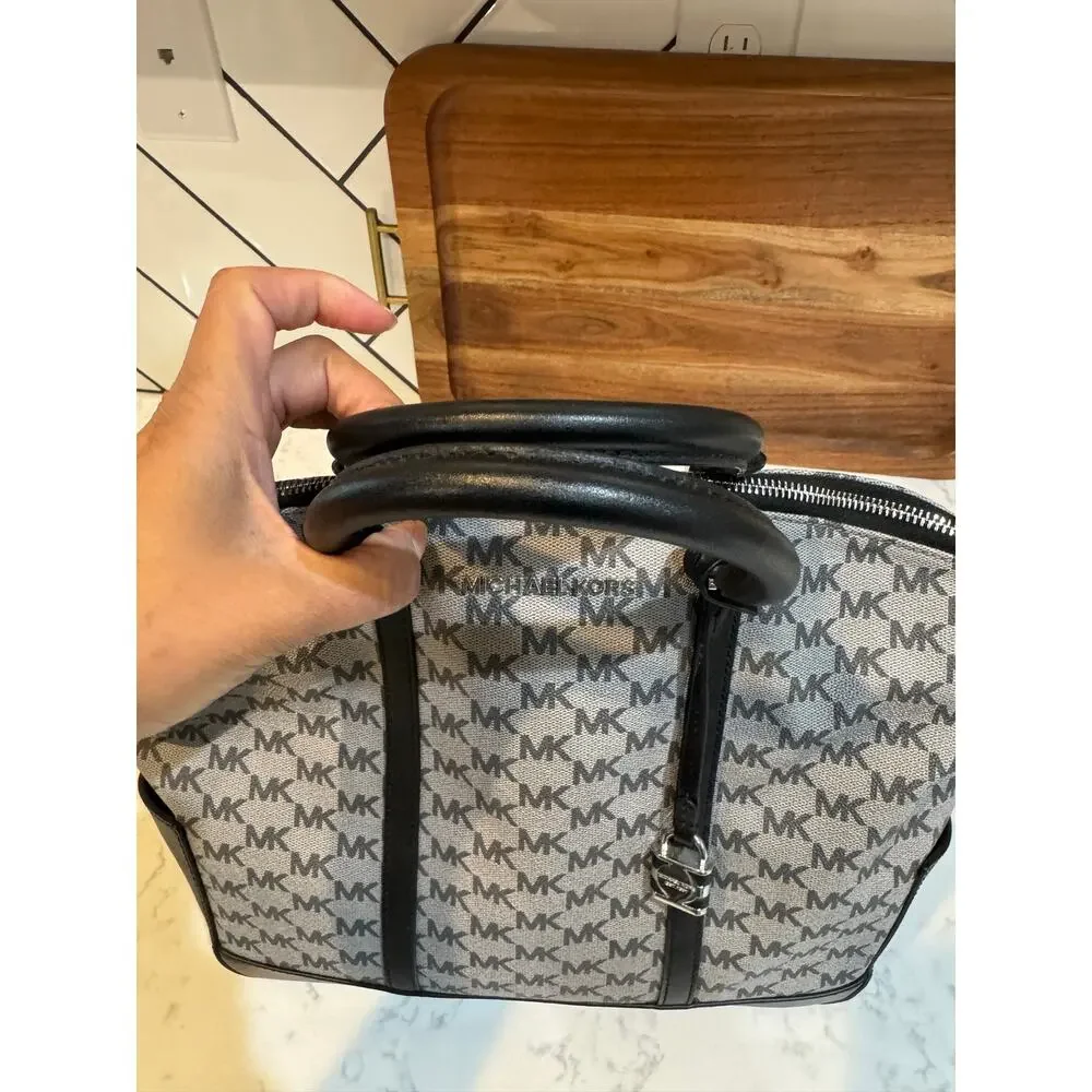 Michael Kors Monogram MK Logo Large Satchel Purse gray black w/bag charm 2018